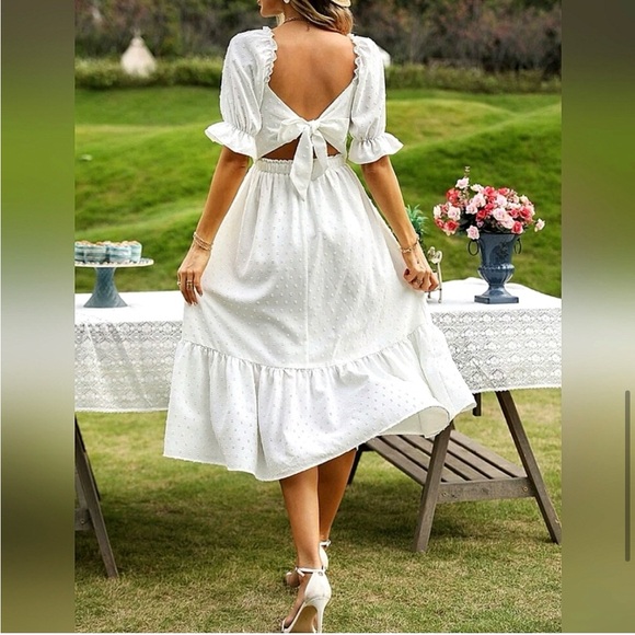 New Boho Swiss Dot Puff Sleeve Tie Back Midi Dress White - Picture 3 of 3